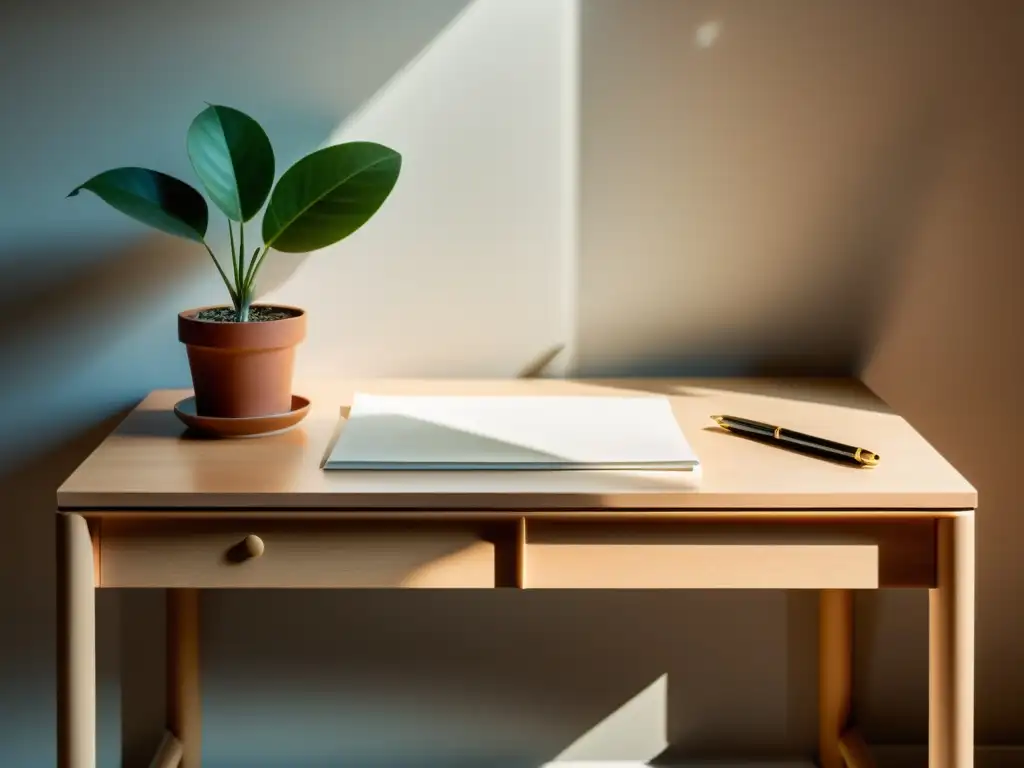 Un retiro de escritura espiritual mística en un sereno escritorio iluminado por luz natural, con un papel en blanco y una pluma moderna