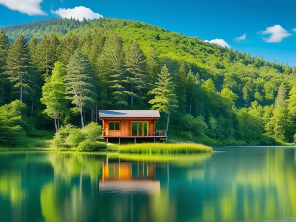 Retiro de escritura espiritual místico en cabaña de madera con vista al lago y rodeado de naturaleza serena y vibrante