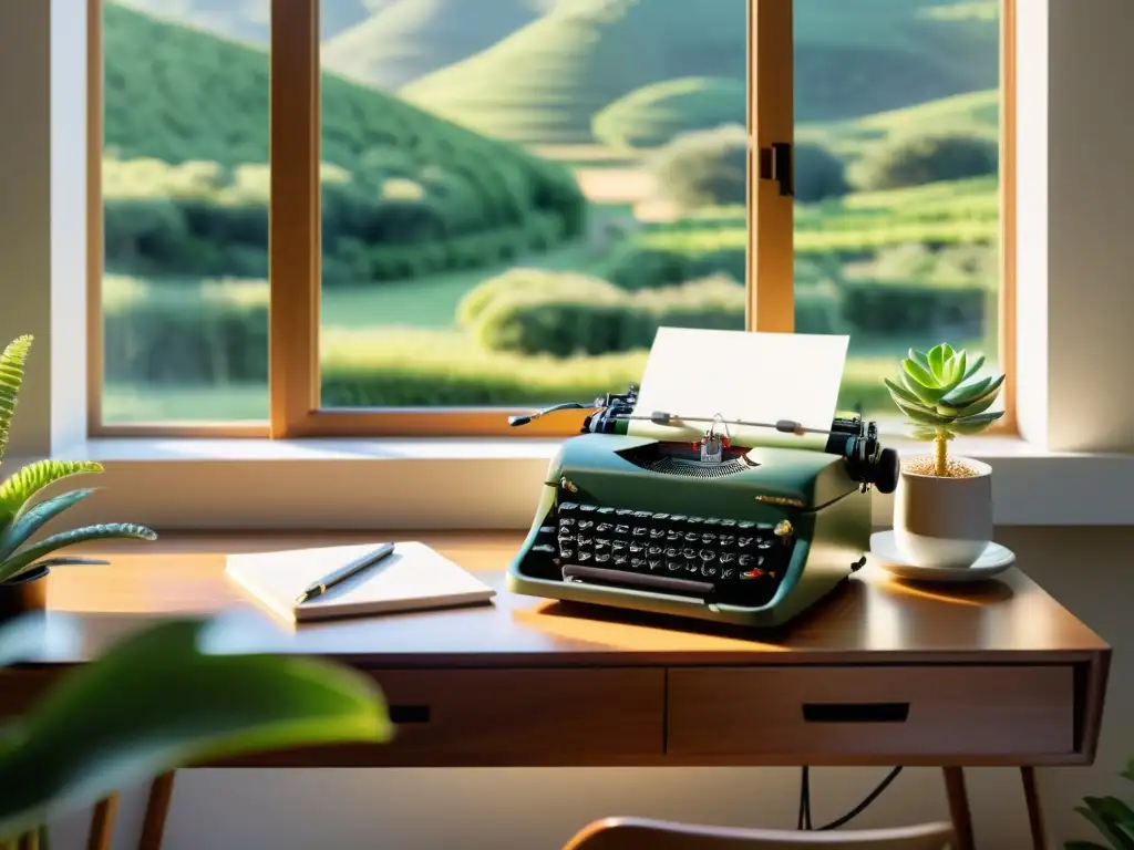 Retiro de escritura en el extranjero: Escritorio de madera bañado por la suave luz dorada, con una suculenta, máquina de escribir y café, con vista a la serena naturaleza