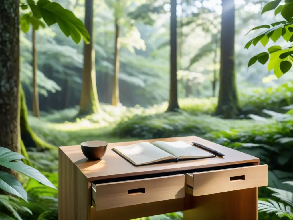 Retiro de escritura en naturaleza: Escritorio minimalista de madera en bosque sereno, con cuaderno y pluma, invitando a la inspiración