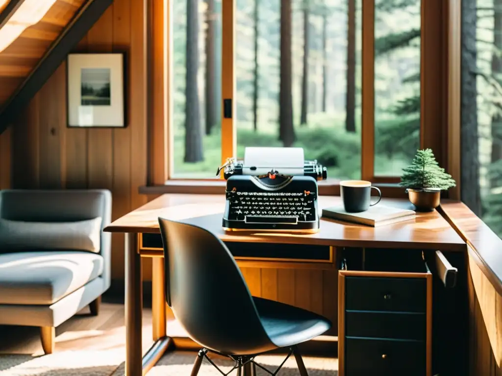 Retiro literario para inspiración escritura: Cabina en el bosque con escritorio acogedor, máquina de escribir, diario y café