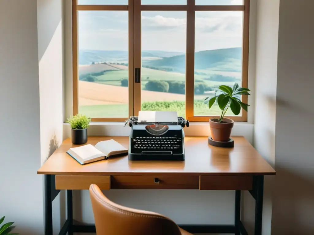 Retiros de escritura en el extranjero: Un espacio de trabajo sereno en el campo europeo, con vistas a colinas y un pueblo