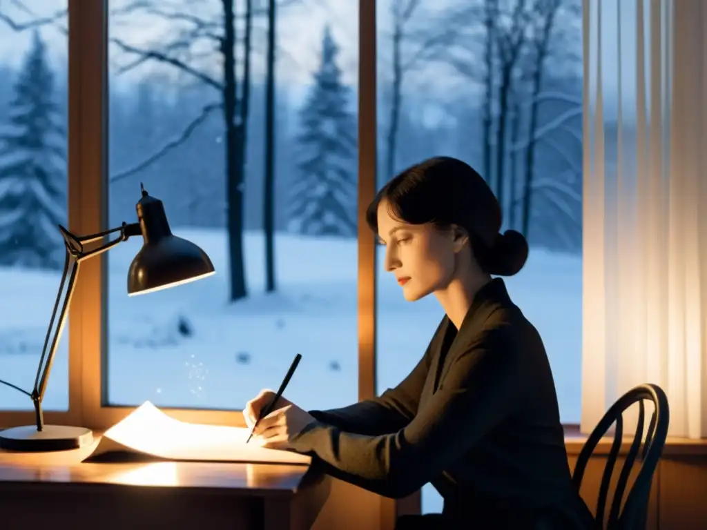 Anna Akhmatova, retratada en ilustración minimalista en blanco y negro, reflexiona frente a la ventana con la nieve cayendo