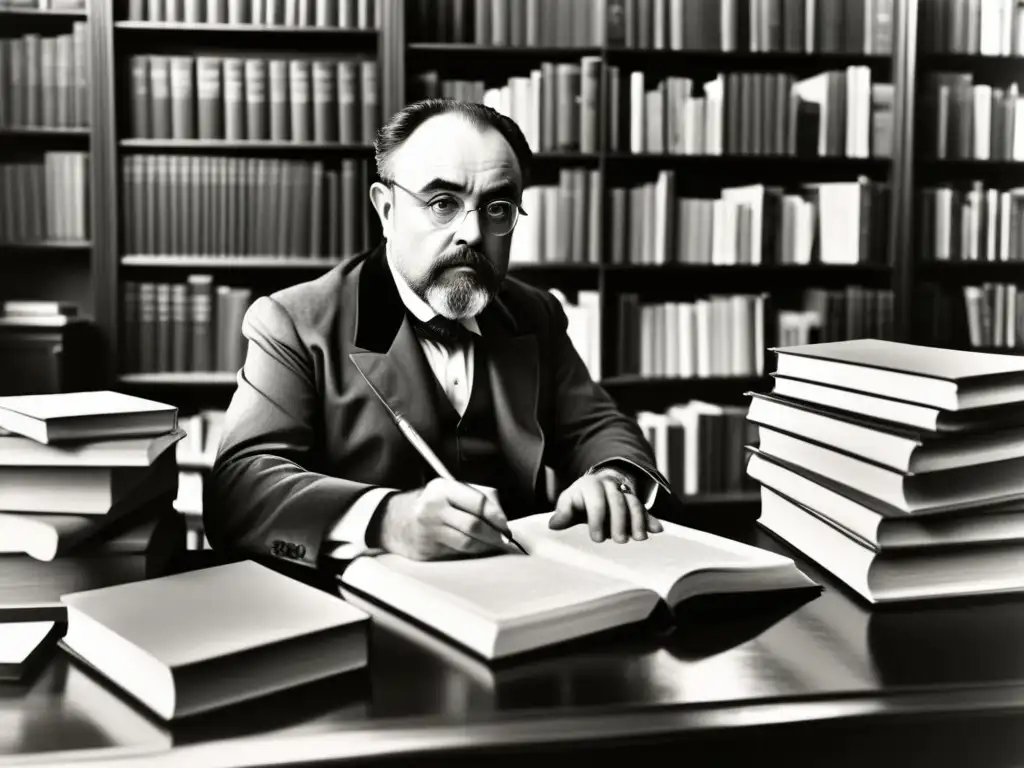 Emile Zola, retratado en un detallado dibujo en blanco y negro, trabajando en su escritorio rodeado de libros y papeles