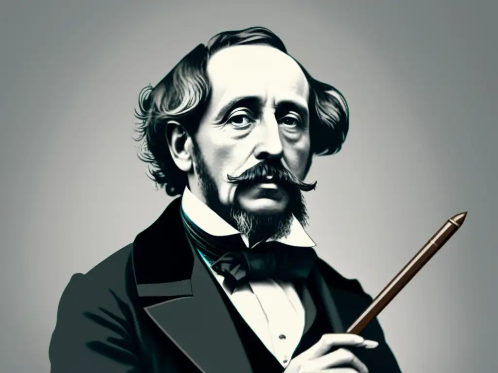 Retrato en blanco y negro de Charles Dickens, con pluma y novelas, reflejando su evolución literaria y legado perdurable