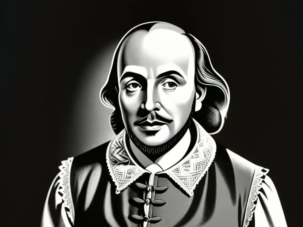 Un retrato en blanco y negro de William Shakespeare, con iluminación dramática que resalta sus ojos y su expresión intensa