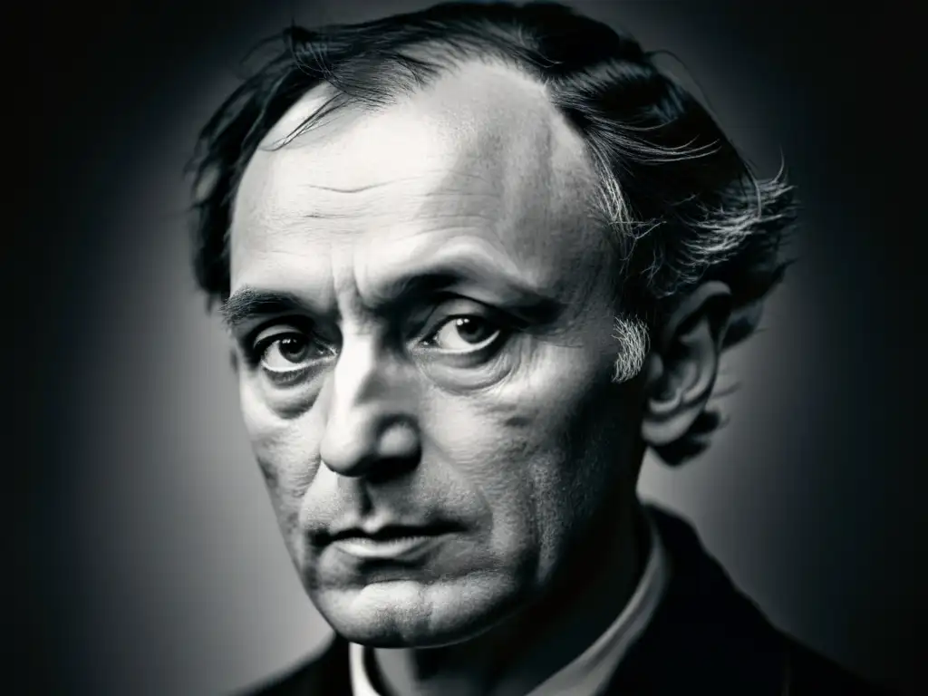 Retrato en blanco y negro de Charles Baudelaire, capturando su enigmático lirismo en Las Flores del Mal