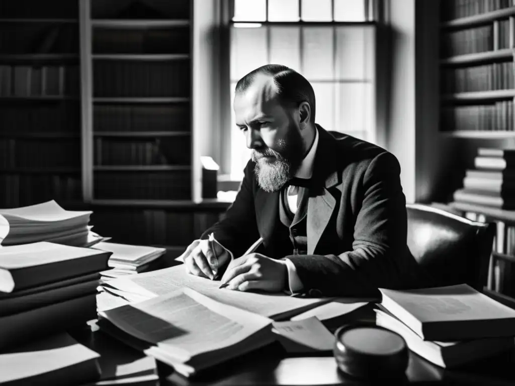 Retrato en blanco y negro de Fyodor Dostoevsky en su estudio, sumido en reflexión, rodeado de libros y papeles