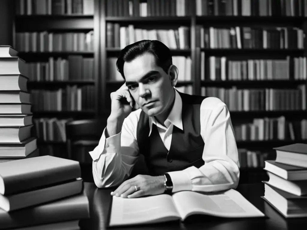 Retrato en blanco y negro de Federico García Lorca, poeta de la Generación del 27, con pluma en mano, rodeado de libros y papeles