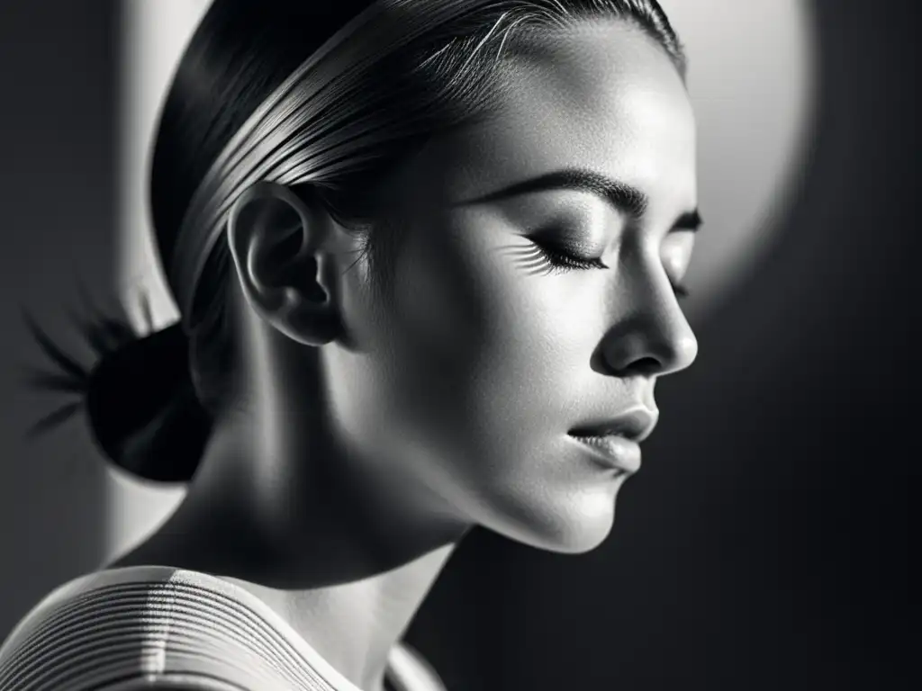 Retrato contemplativo en blanco y negro: expresión introspectiva Retrato en blanco y negro de un rostro con los ojos cerrados, reflejando el monólogo interior en Mrs