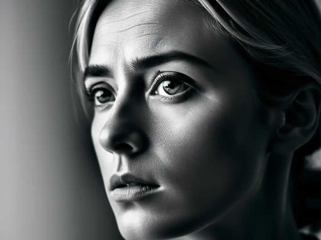 Mirada profunda: el conflicto interior en blanco y negro Retrato en blanco y negro de rostro con ojos intensos, reflejando el monólogo interior en Mrs