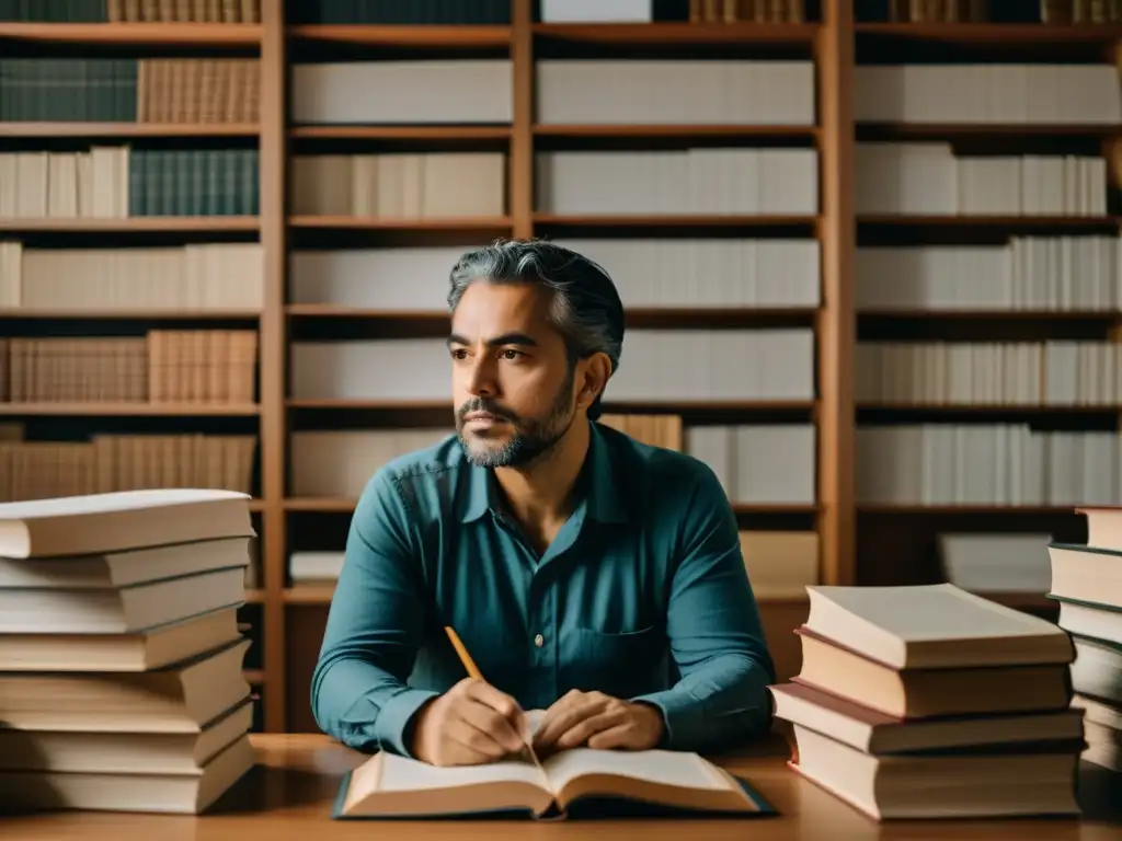 Retrato de Rubén Darío inmerso en el modernismo poético, rodeado de libros y reflexionando sobre sus versos