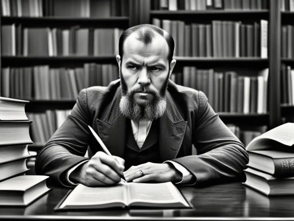 Retrato detallado y realista en lápiz de Fyodor Dostoevsky, concentrado en su escritorio con libros y papeles