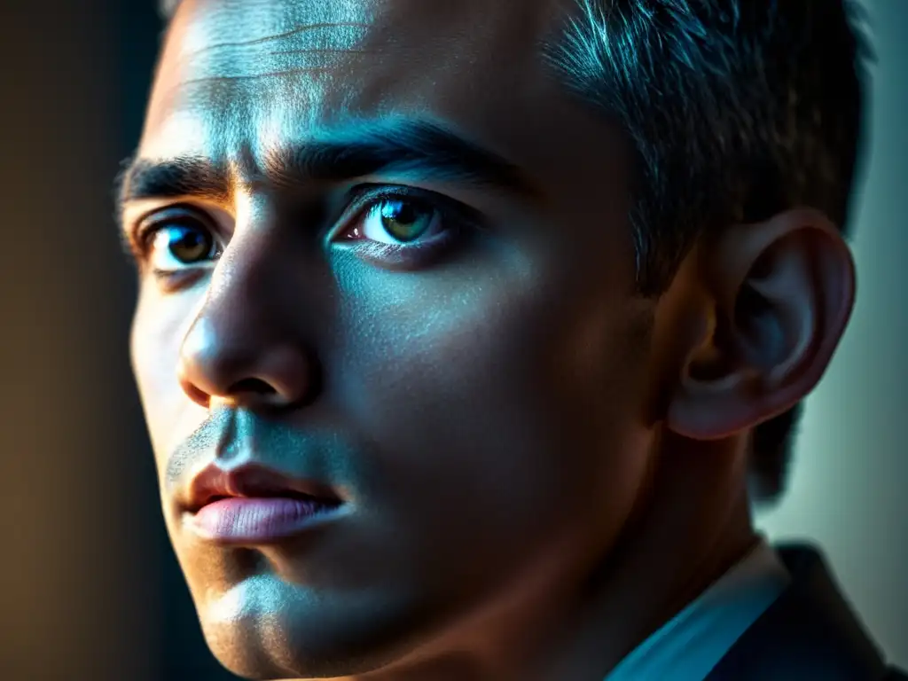 Retrato detallado de un rostro con expresión contemplativa e intensa, reflejando el monólogo interior en literatura