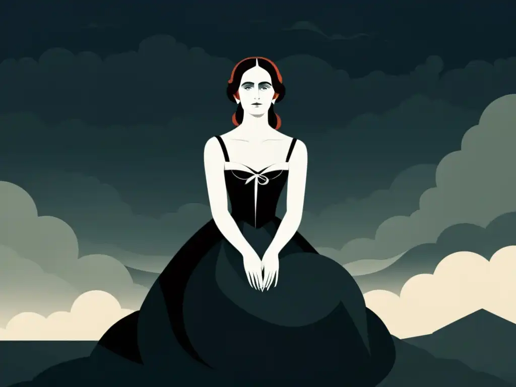 Retrato gótico de Mary Shelley: influencia en el romanticismo Retrato gótico de Mary Shelley en paisaje brumoso, evocando su influencia en la literatura gótica en la era romántica