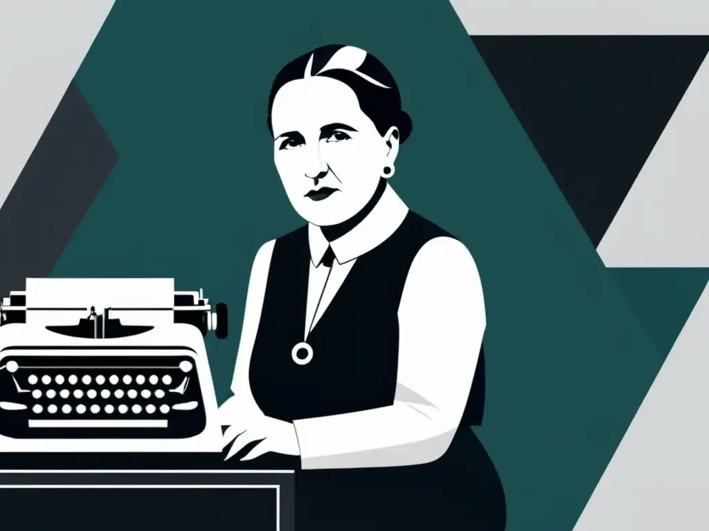 Retrato minimalista en blanco y negro de Gertrude Stein frente a una máquina de escribir, rodeada de formas geométricas abstractas que representan la experimentación poética