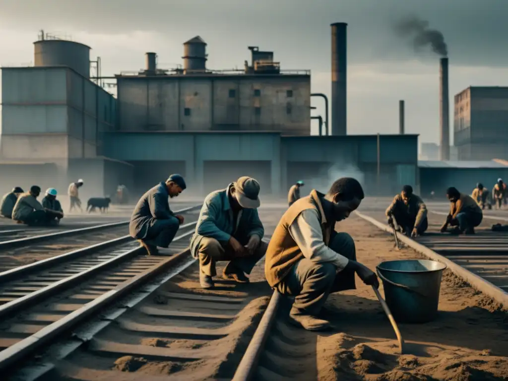 Un retrato naturalista de trabajadores en un paisaje industrial desolador, con expresiones cansadas y colores apagados