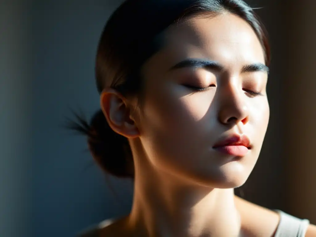 Retrato de una persona con los ojos cerrados, expresión contemplativa y una iluminación suave