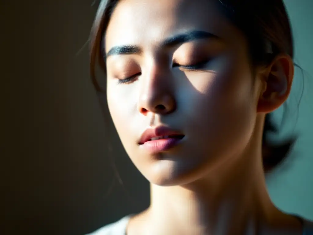 Un retrato en primer plano de una persona con los ojos cerrados, sumida en pensamientos profundos