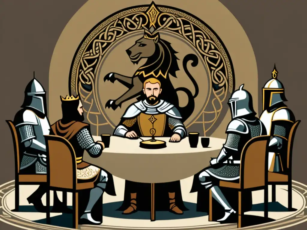 Reunión de King Arthur y caballeros en ilustración minimalista, evocando influencia de mitología celta y literatura medieval
