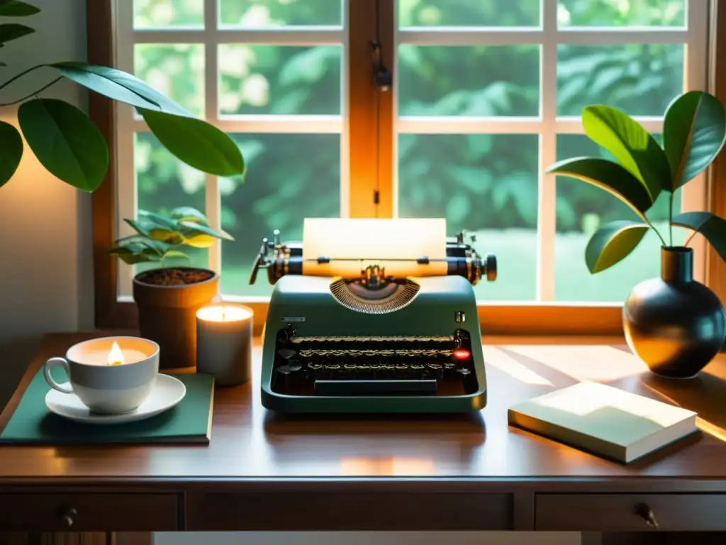 Un rincón acogedor para amantes de la literatura, con escritorio de madera, máquina de escribir vintage y ventana con vista al jardín sereno