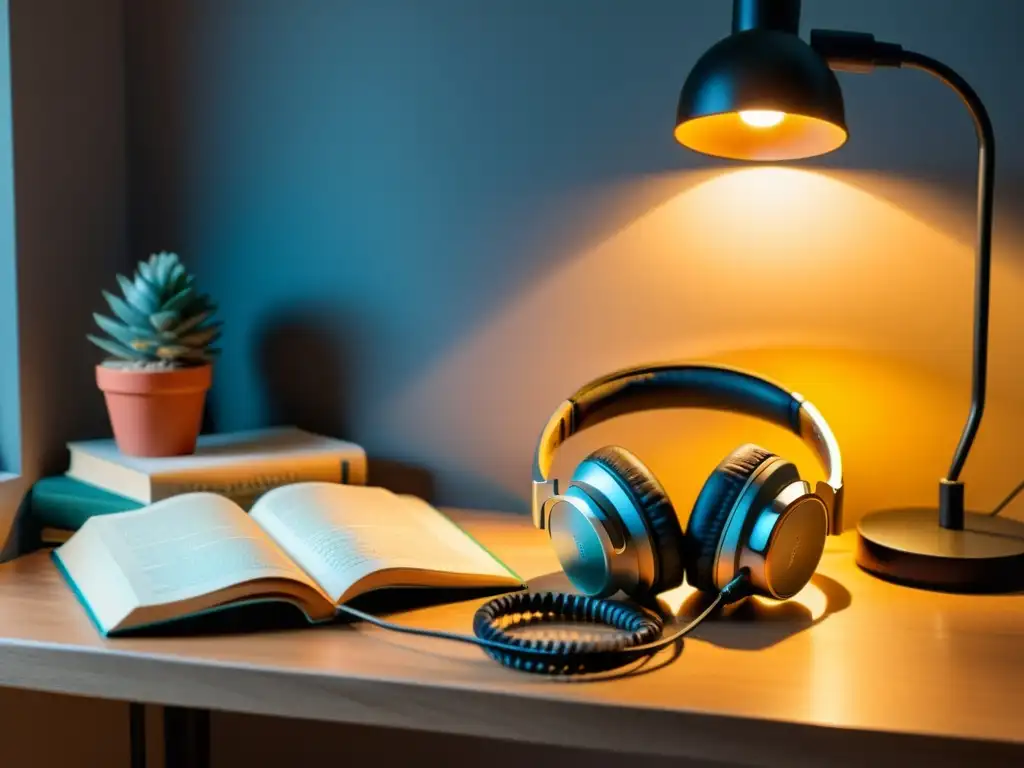 Un rincón acogedor para disfrutar de podcasts literarios: auriculares, libros, micrófono y café en un escritorio minimalista