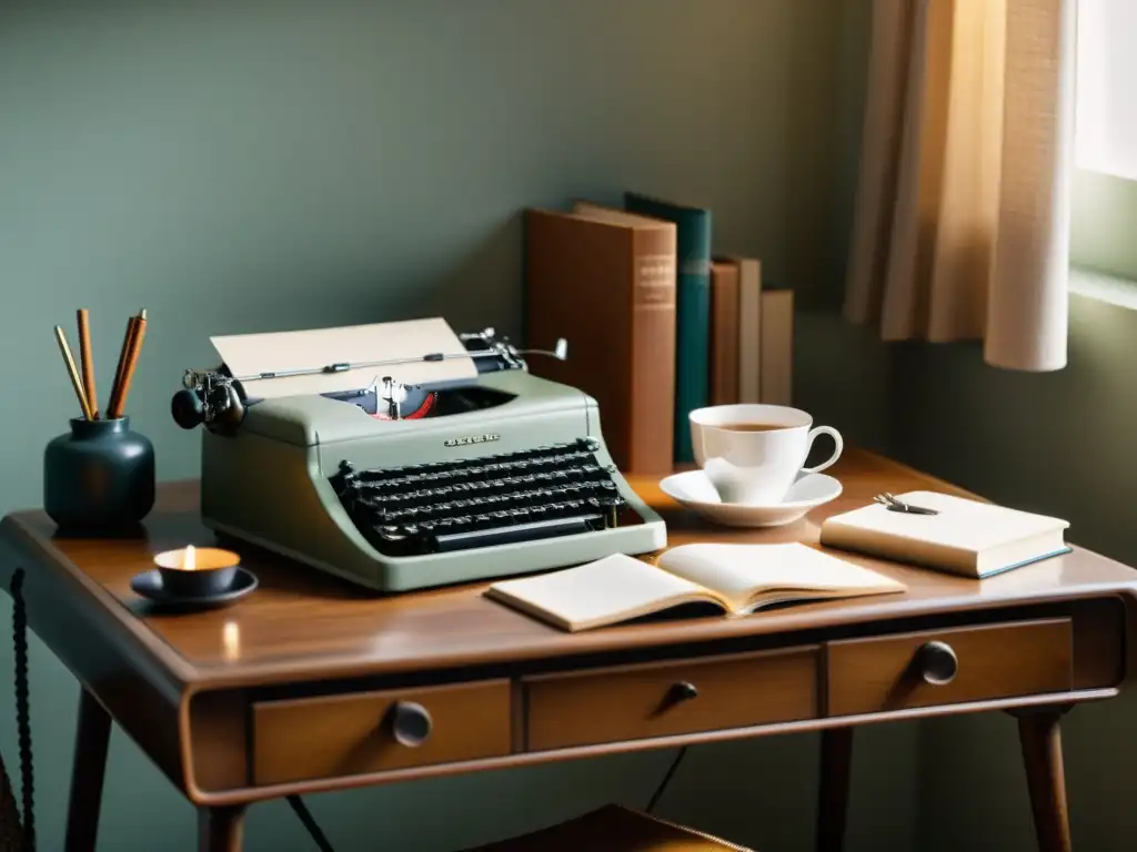 Un rincón sereno para la inspiración de poesía emergente, con un escritorio acogedor, una taza de té humeante y una máquina de escribir vintage