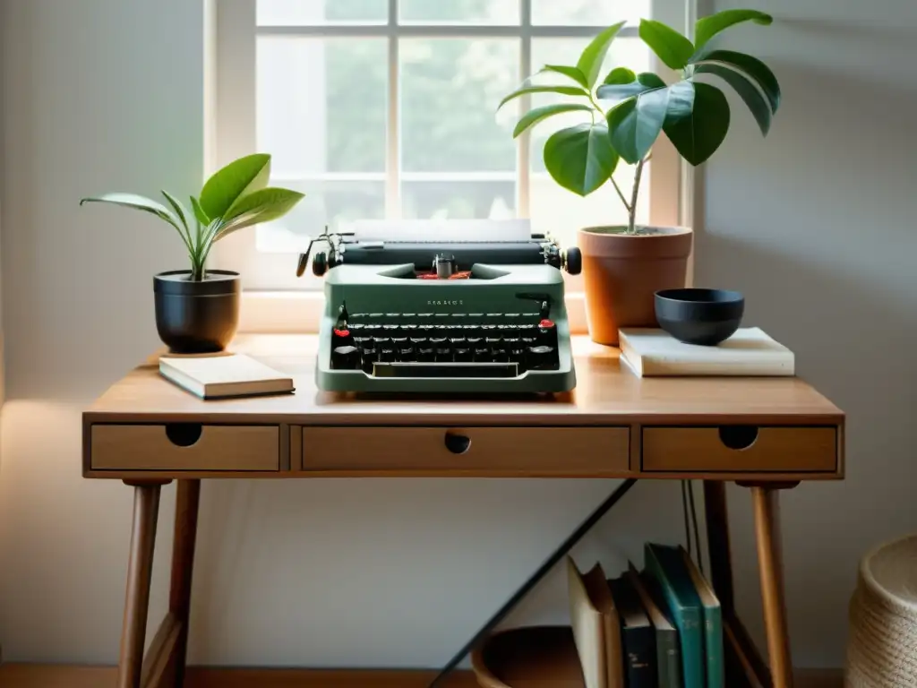 Un rincón sereno para escribir, con máquina de escribir vintage, libros y planta