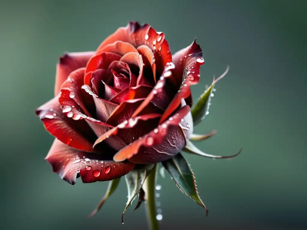 Una rosa roja desgarrada, con gotas de agua