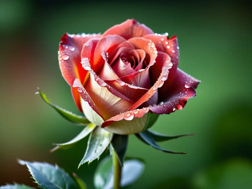 Una rosa roja con gotas de rocío, resaltando su belleza natural