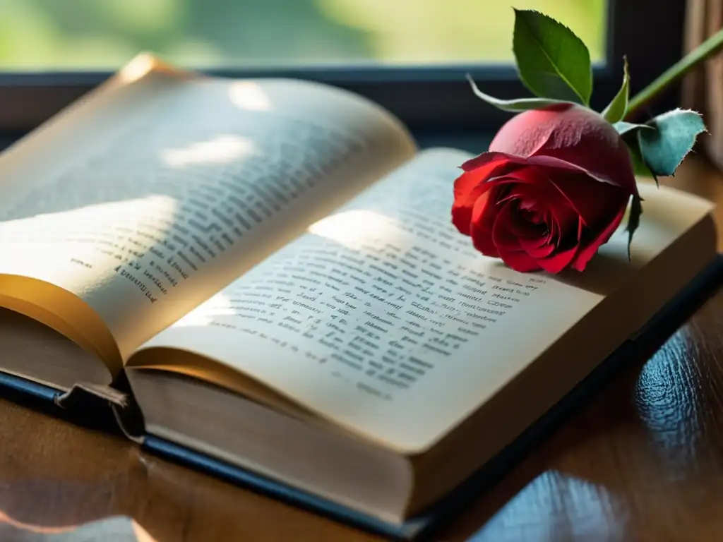 Una rosa roja sobre un libro abierto con las palabras 'Poesía como espejo', bañada en luz natural