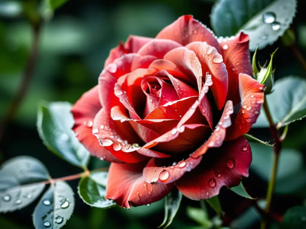 Una rosa roja con rocío en los pétalos, resplandeciendo en la luz del sol