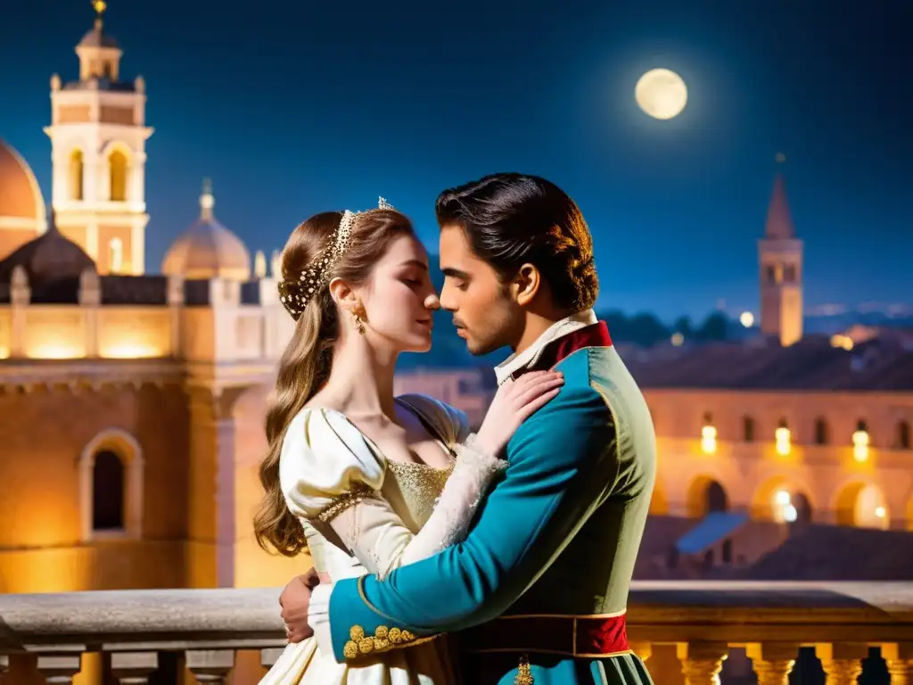 Romances y pasiones en obras de Shakespeare: Imagen detallada de Romeo y Julieta en un apasionado abrazo bajo la luna de Verona