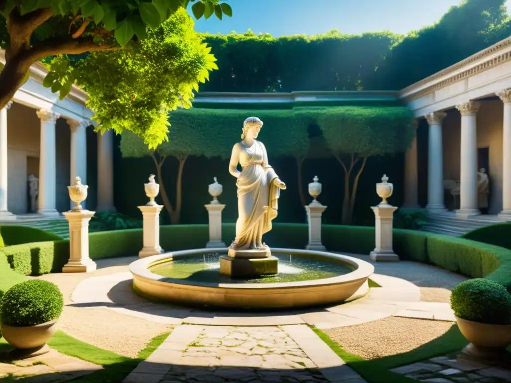 Courtyard romano con estatuas de mujeres filósofas estoicas, rodeadas de vegetación exuberante y fuentes serenas, irradiando sabiduría y contemplación