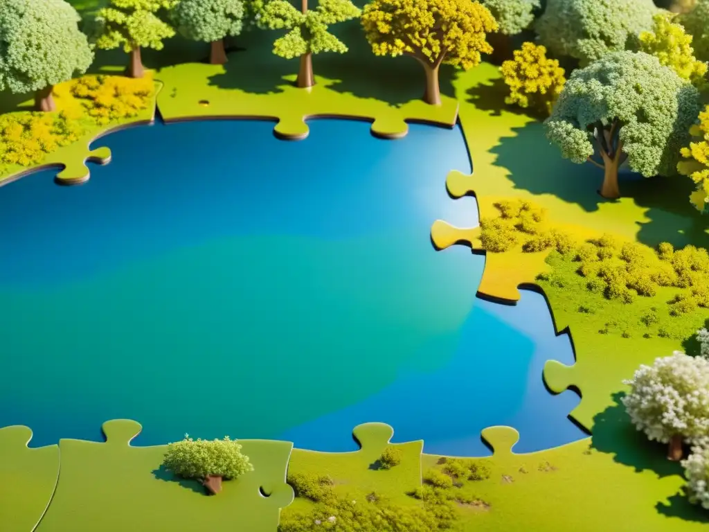 Puzzle del paisaje sereno: fragmentos de luz y sombra Un rompecabezas de la apacible campiña, con piezas dispersas que evocan una narrativa fragmentada