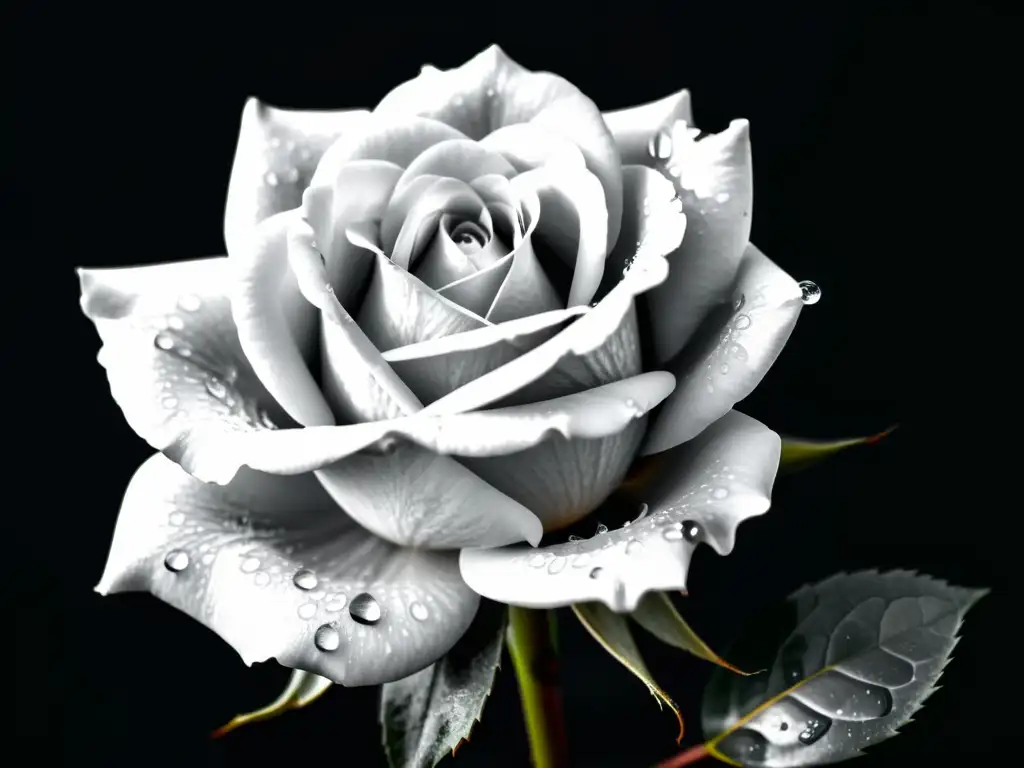 Una rosa en blanco y negro, con gotas de agua, evocando pureza y perfección