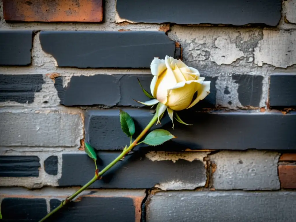 Una rosa marchita emerge de una grieta en un muro graffiteado, evocando el realismo sucio en poesía con su belleza frágil entre la rudeza urbana