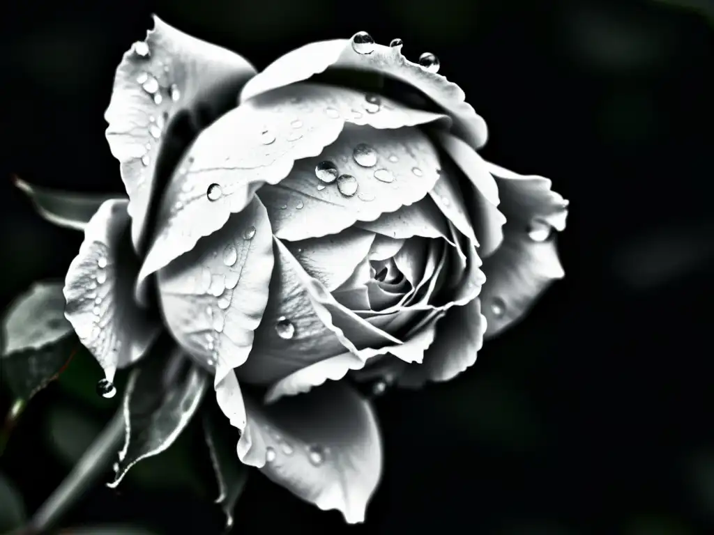 Una rosa marchita en primer plano en blanco y negro con gotas de lluvia, evocando la melancolía y la poesía romántica de los poetas malditos