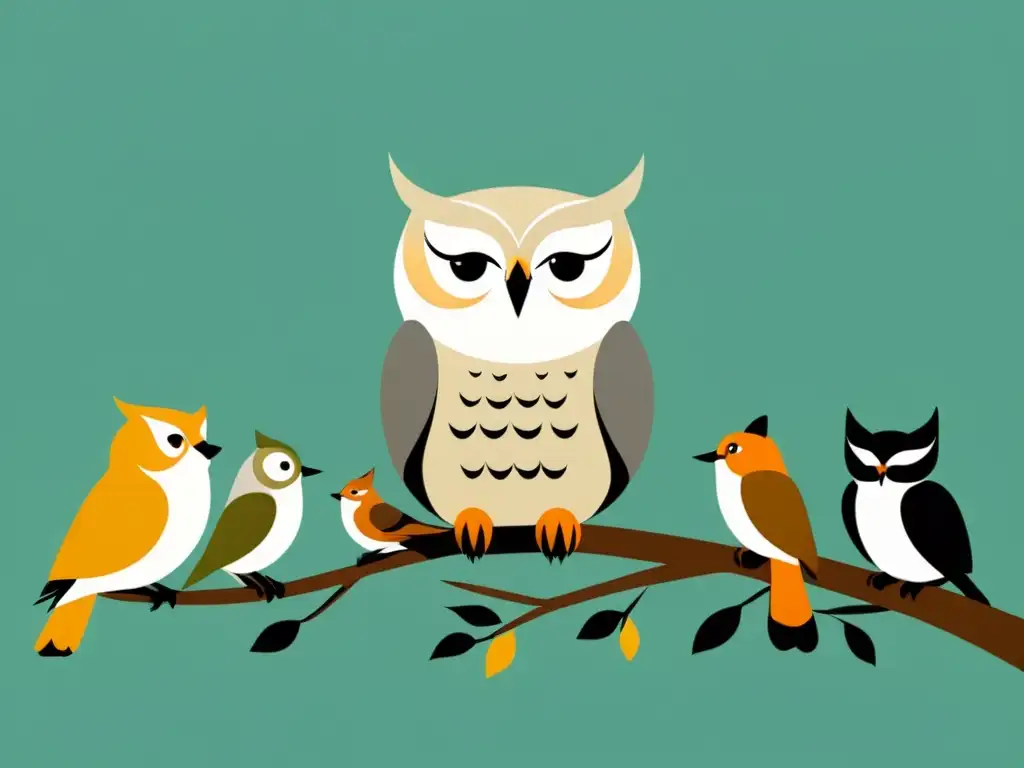 Un sabio búho imparte enseñanzas morales a través de fábulas a animales atentos en un escenario de líneas limpias y colores suaves