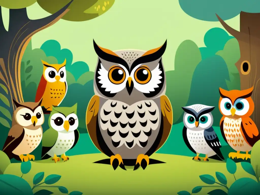 Un sabio búho enseña morales a través de fábulas a un grupo de animales antropomórficos en un bosque vibrante