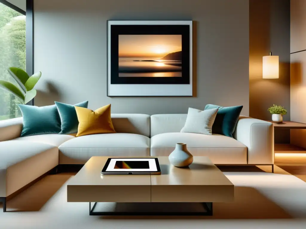 Decoración con ebooks y tablets: Sala minimalista con arte digital en tablet y ebooks decorativos, bañada en luz natural