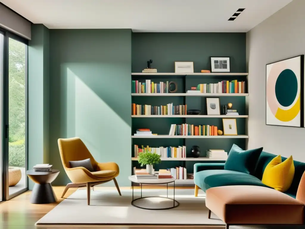 Decoración temática ambientes novela: Sala minimalista con estanterías llenas de libros, rincón de lectura acogedor y obra de arte abstracta