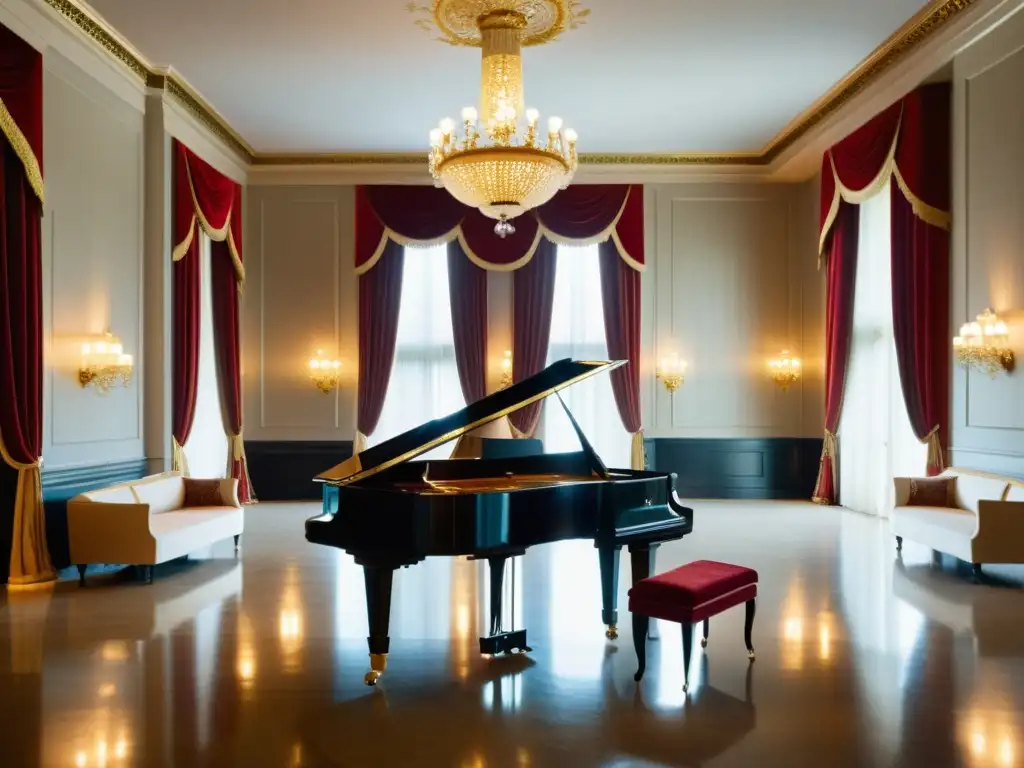 Salón de baile majestuoso con columnas de mármol, detalles en oro, candelabros de cristal y cortinas de terciopelo rojo