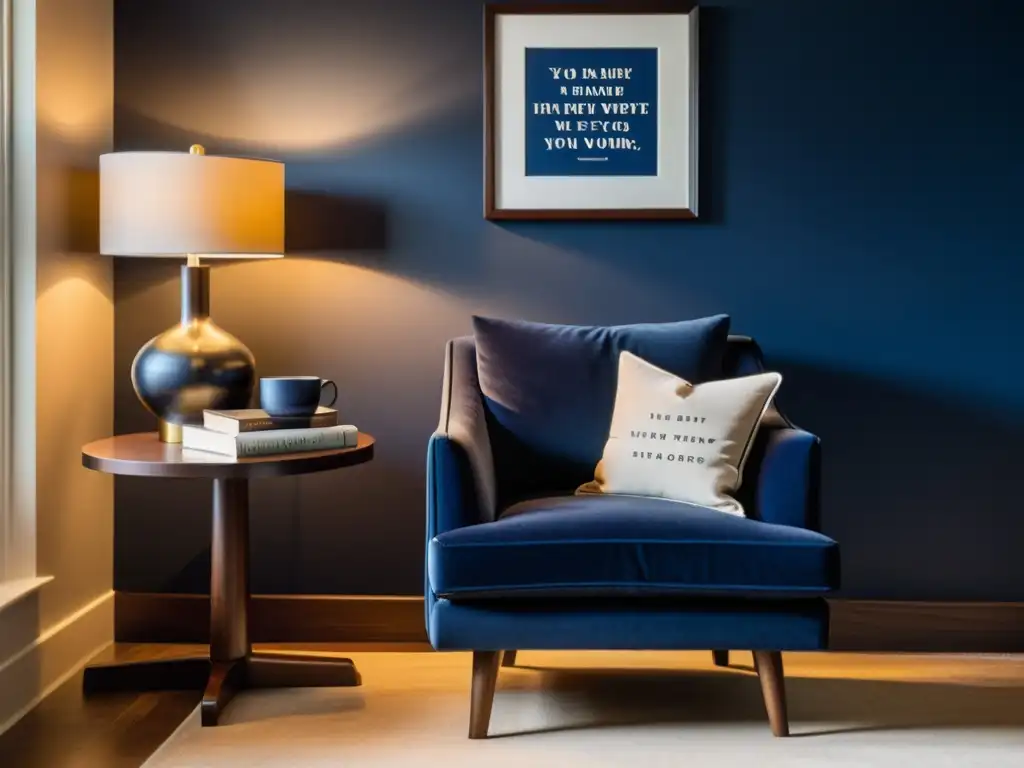 Salón de lectura elegante con silla moderna de terciopelo azul, mesa de madera oscura, luz natural y libros clásicos