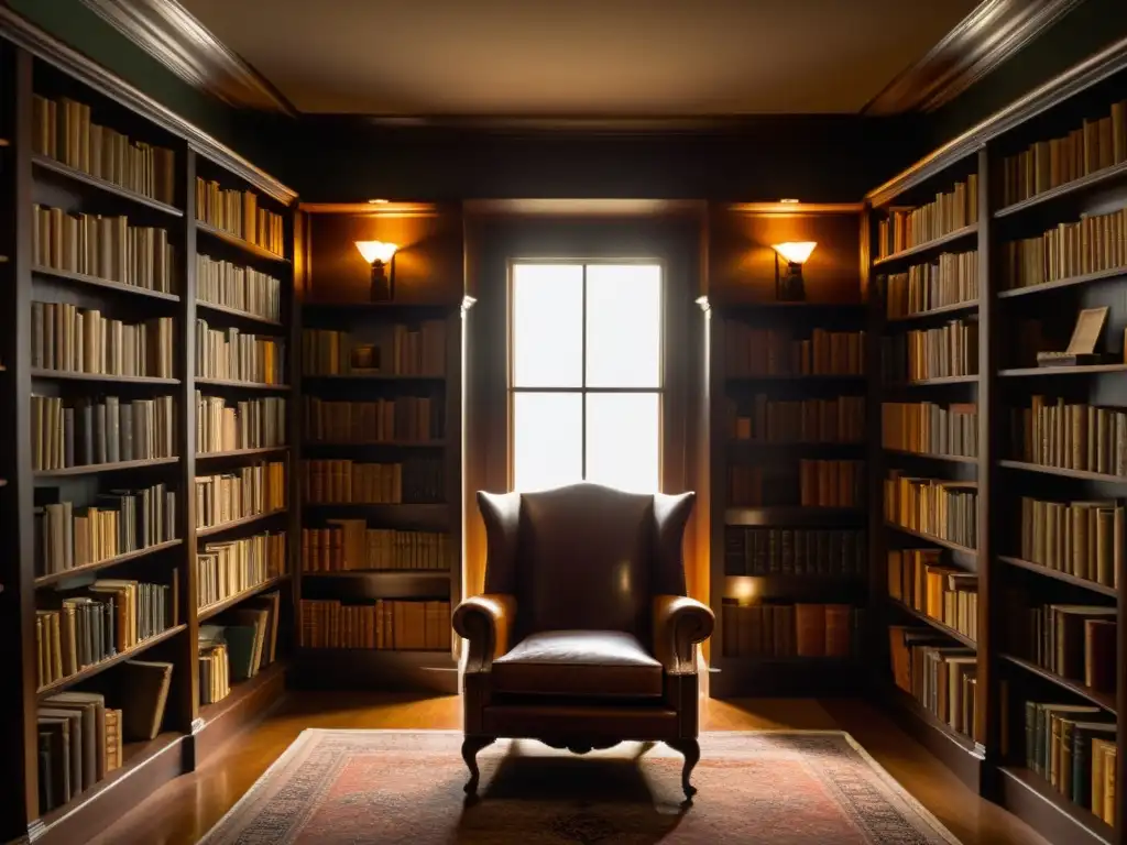 Un santuario de conocimiento: una biblioteca tenue con estanterías llenas de libros de cuero