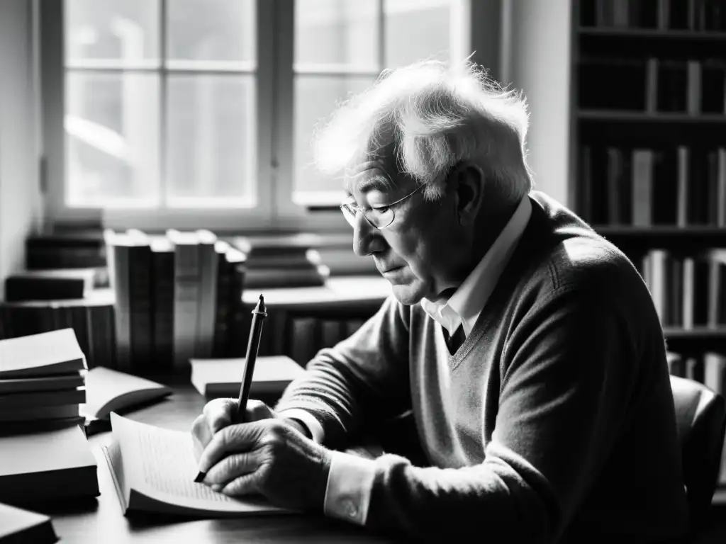 Seamus Heaney, arqueología de la palabra poética, rodeado de libros, iluminado por la suave luz natural mientras escribe en su escritorio