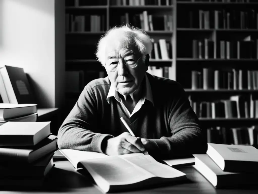 Seamus Heaney inmerso en la arqueología de la palabra poética, rodeado de libros y papeles en su escritorio, concentrado y sereno