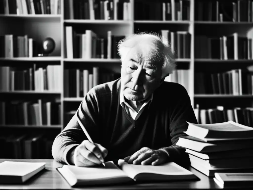 Seamus Heaney concentra su poesía entre libros y papeles, en blanco y negro, mostrando su arqueología palabra poética