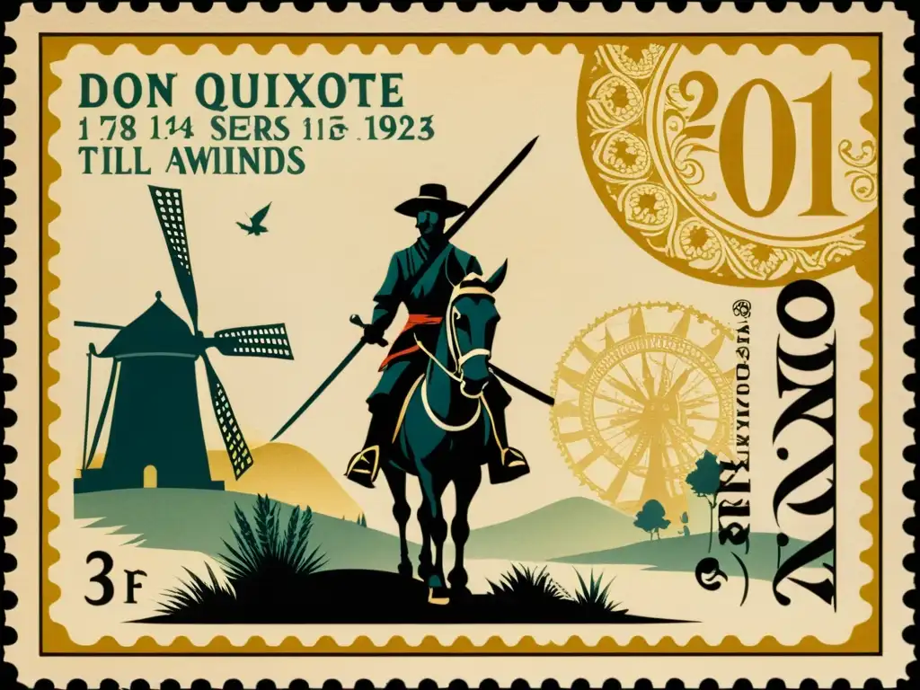 Un sello postal temático de libros con una escena detallada de Don Quijote luchando contra molinos de viento en un papel pergamino