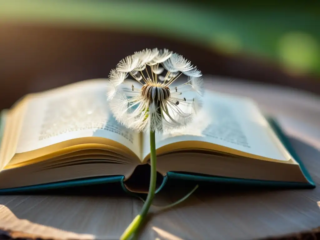 Semilla de diente de león reposando en un libro, con luz suave resaltando sus detalles